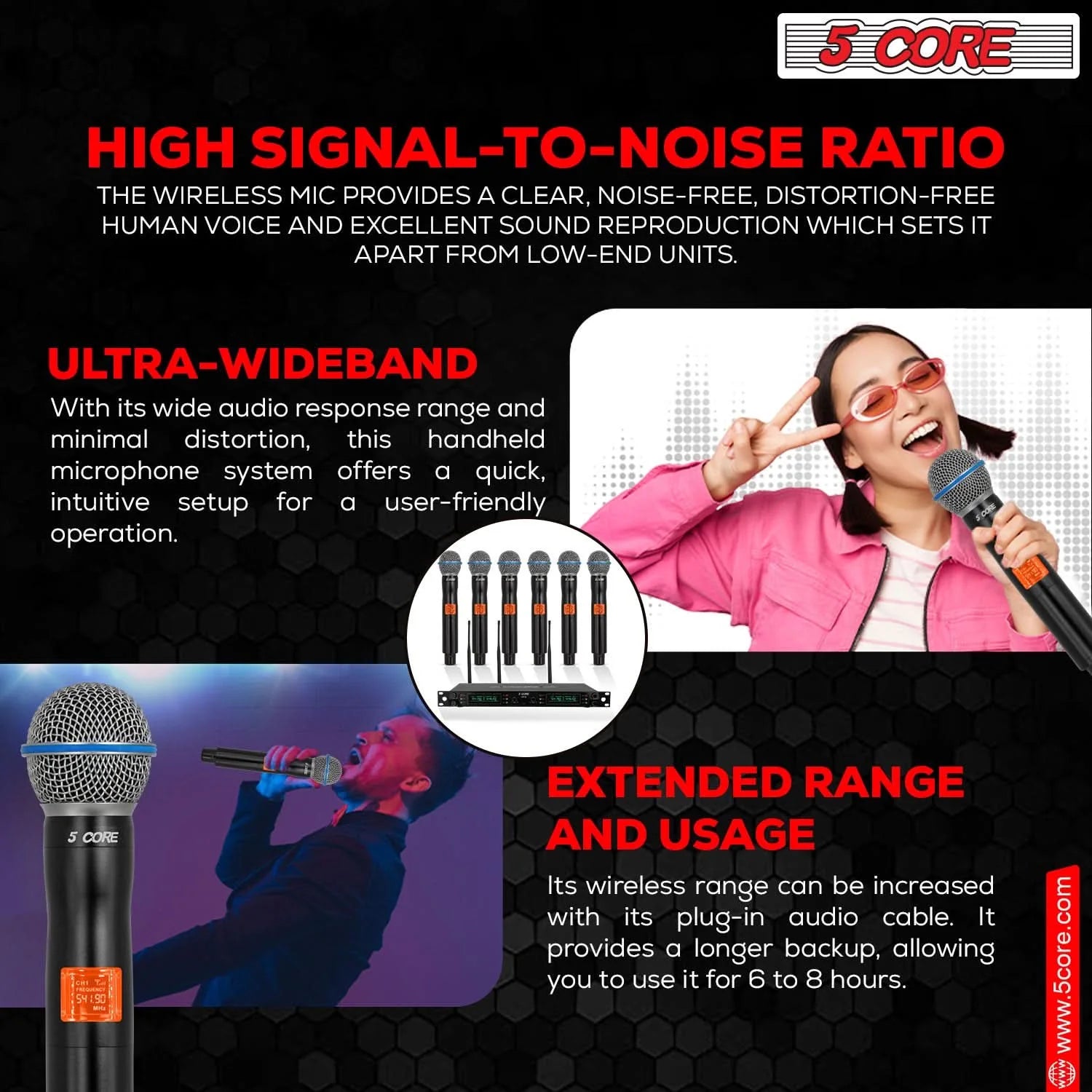 5 Core Wireless Microphone System 6 Channel UHF Portable Receiver W 6 Cordless Dynamic Mic 492F Range