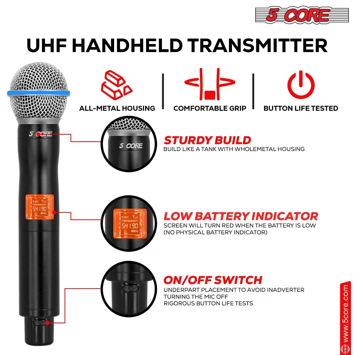 5 Core Wireless Microphone System 6 Channel UHF Portable Receiver W 6 Cordless Dynamic Mic 492F Range